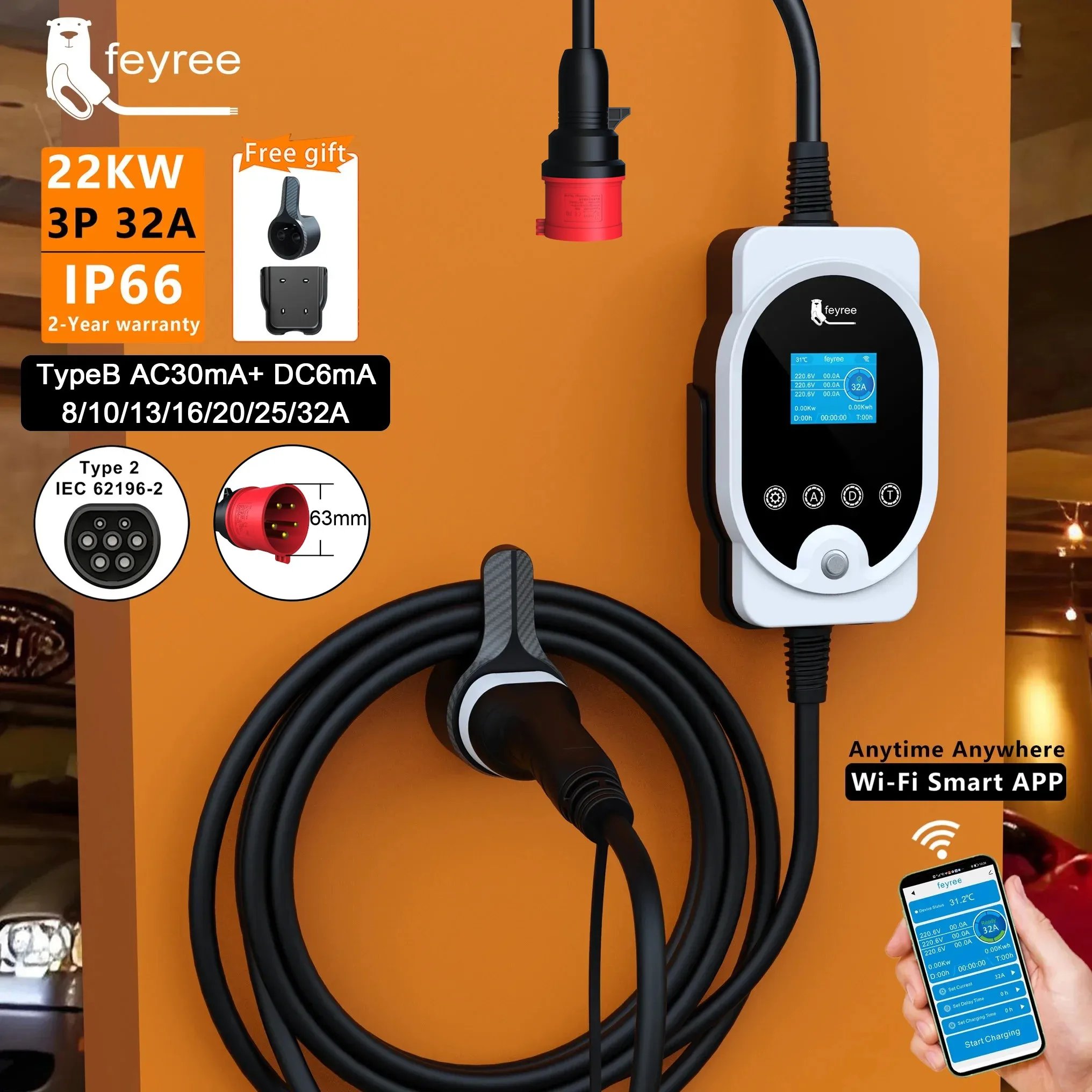 Feyree 22KW Type 2 Kabel EVSE  - Ev Charger Type 2 22Kw 32A 3 Phase recensie en prijs